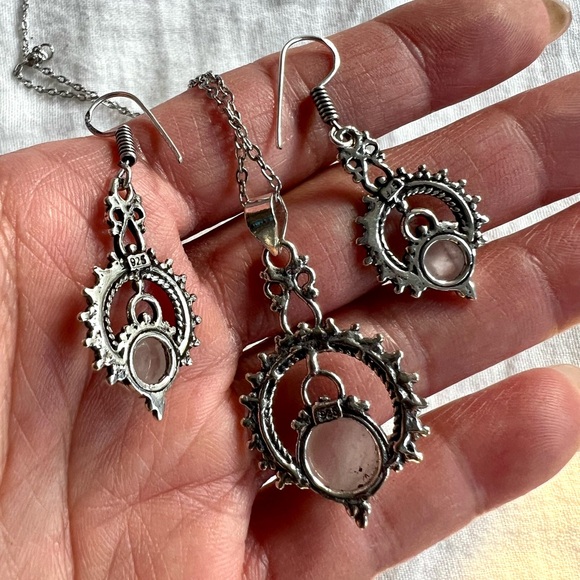925 Ornamental Rose Quartz Earrings + Necklace SET - Picture 9 of 10